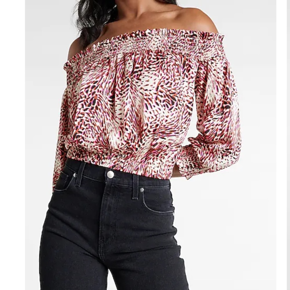 Express Off The Shoulder Abstract Smocked Top